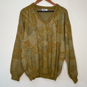 VTG PELO West Germany Abstract Knit V-Neck Sweater Earth Tones Mustard Olive 48